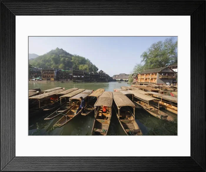 Framed Print : Boats tied up on a river in the old town of Fenghuang, Hunan Province, China, Asia Framed Print : Boats tied up on a river in the old town of Fenghuang, Hunan Province, China, Asia