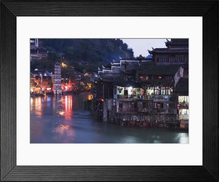 Framed Print : Riverside, old town illuminated at night, Fenghuang, Hunan Province, China, Asia