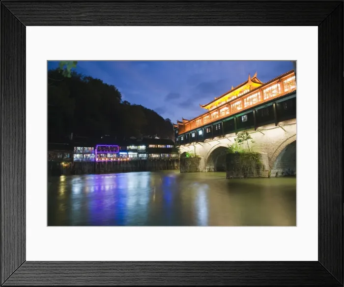 Framed Print : Wind and rain bridge illuminated at night, Fenghuang, Hunan Province, China, Asia Framed Print : Wind and rain bridge illuminated at night, Fenghuang, Hunan Province, China, Asia
