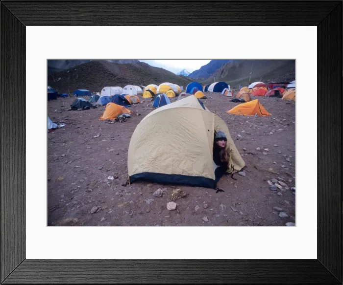 Framed Print : Woman wakes up at Confluencia Base Camp in Aconcagua National Park, Argentina Framed Print : Woman wakes up at Confluencia Base Camp in Aconcagua National Park, Argentina