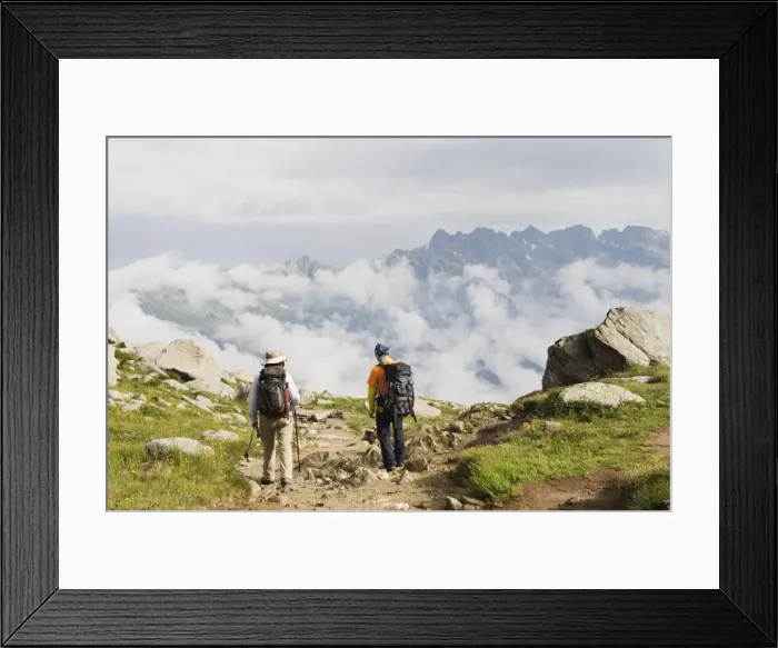 Framed Print : Hikers above Chamonix Valley, Rhone Alps, France, Europe Framed Print : Hikers above Chamonix Valley, Rhone Alps, France, Europe