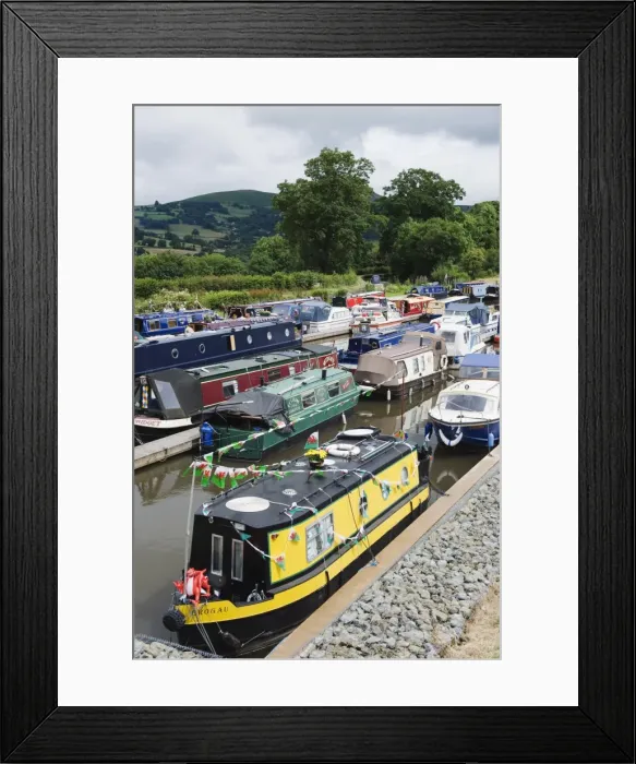 Framed Print : Colourful canal boats, Crickhowell, Gwent, Wales, United Kingdom, Europe Framed Print : Colourful canal boats, Crickhowell, Gwent, Wales, United Kingdom, Europe