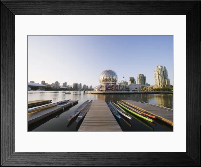 Framed Print : Colourful rowing boats in front of Telus Science World, on False Creek
