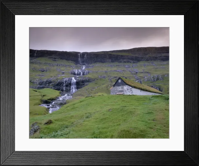 Framed Print : Traditional turf roofed farm building and waterfall, Saksun, Streymoy Island Framed Print : Traditional turf roofed farm building and waterfall, Saksun, Streymoy Island