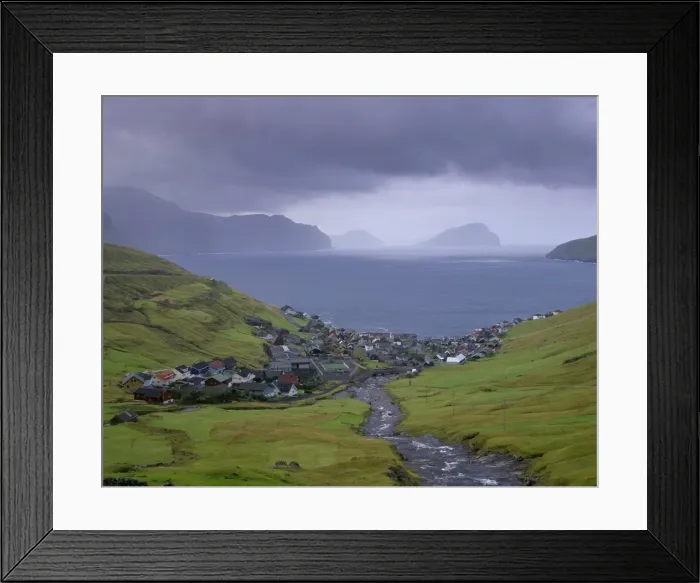 Framed Print : Village of Kvivik and Stora river, view on Vestmannasund, Streymoy coastline Framed Print : Village of Kvivik and Stora river, view on Vestmannasund, Streymoy coastline
