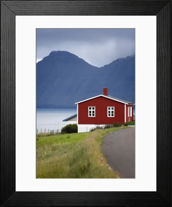 Framed Print : Houses at Hellur, small village near Oyndarfjordur, cliffs of Kalsoy Island in background Framed Print : Houses at Hellur, small village near Oyndarfjordur, cliffs of Kalsoy Island in background