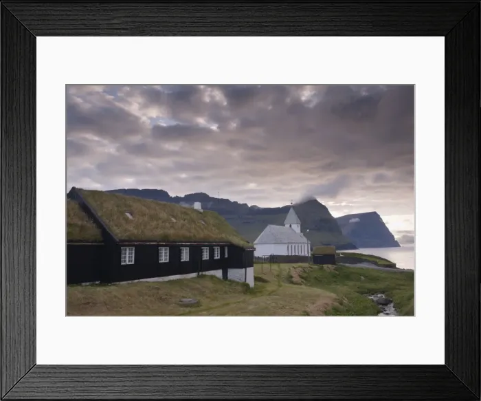 Framed Print : Vidareidi church dating from 1892, and turf-roofed vicarage, Vidoy Island Framed Print : Vidareidi church dating from 1892, and turf-roofed vicarage, Vidoy Island