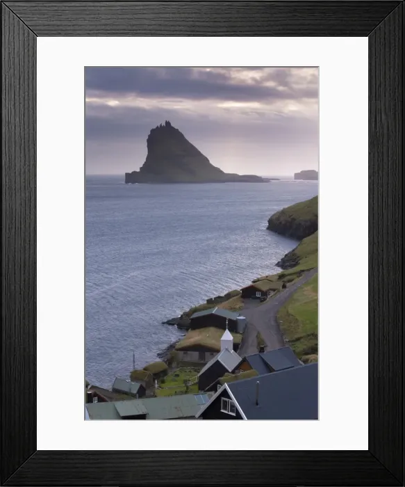 Framed Print : Village of Bour and Tindholmur island rising to 262m, at sunset from Vagar Framed Print : Village of Bour and Tindholmur island rising to 262m, at sunset from Vagar