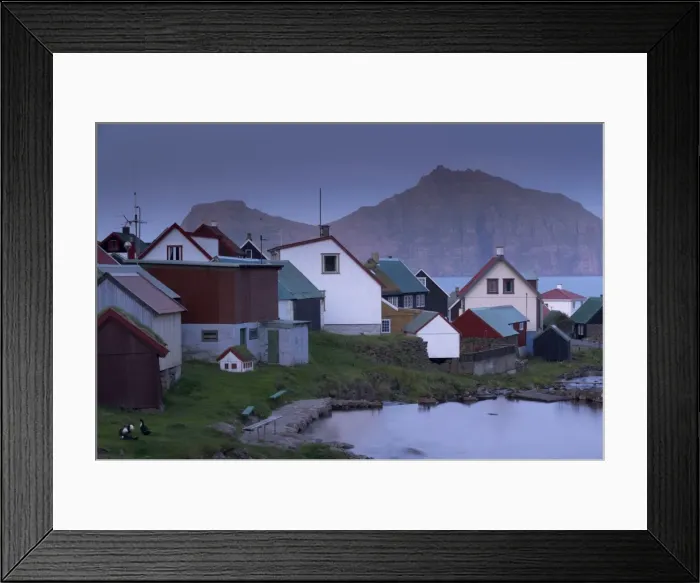 Framed Print : Houses at Gjogv at twilight, with view of Kalsoy cliffs of Nestindar, 788m Framed Print : Houses at Gjogv at twilight, with view of Kalsoy cliffs of Nestindar, 788m