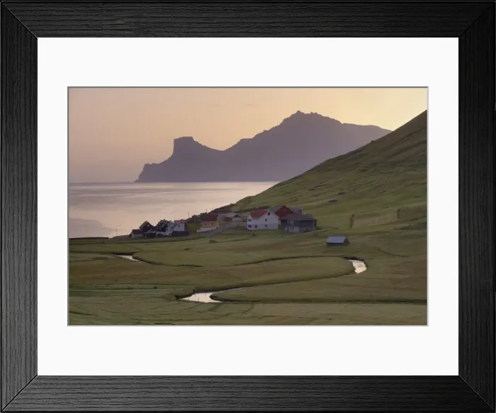Framed Print : Houses at Elduvik at sunrise, with view across Funningsfjordur of Kalsoy cliffs of Nestindar Framed Print : Houses at Elduvik at sunrise, with view across Funningsfjordur of Kalsoy cliffs of Nestindar