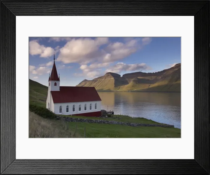 Framed Print : Church built in 1920 at Husar, Kalsoyarfjordur and Kunoy hills in the distance Framed Print : Church built in 1920 at Husar, Kalsoyarfjordur and Kunoy hills in the distance