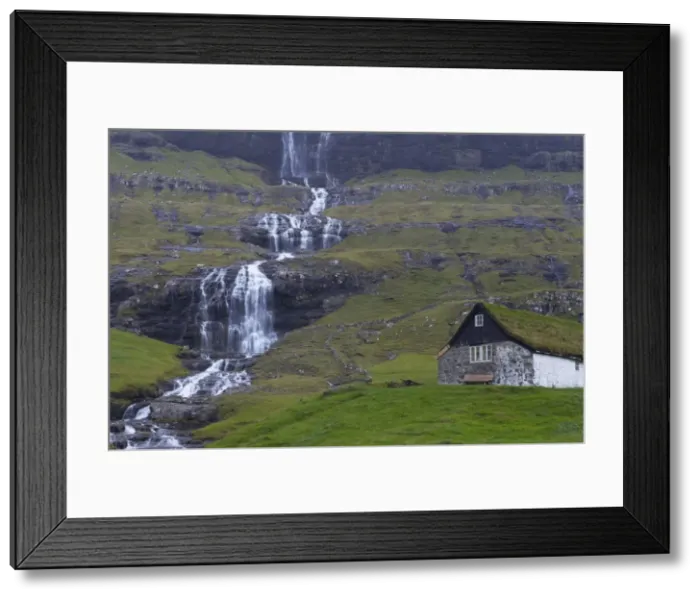 Framed Print : Old farm at Saksun and waterfall, Streymoy, Faroe Islands (Faroes), Denmark, Europe Framed Print : Old farm at Saksun and waterfall, Streymoy, Faroe Islands (Faroes), Denmark, Europe