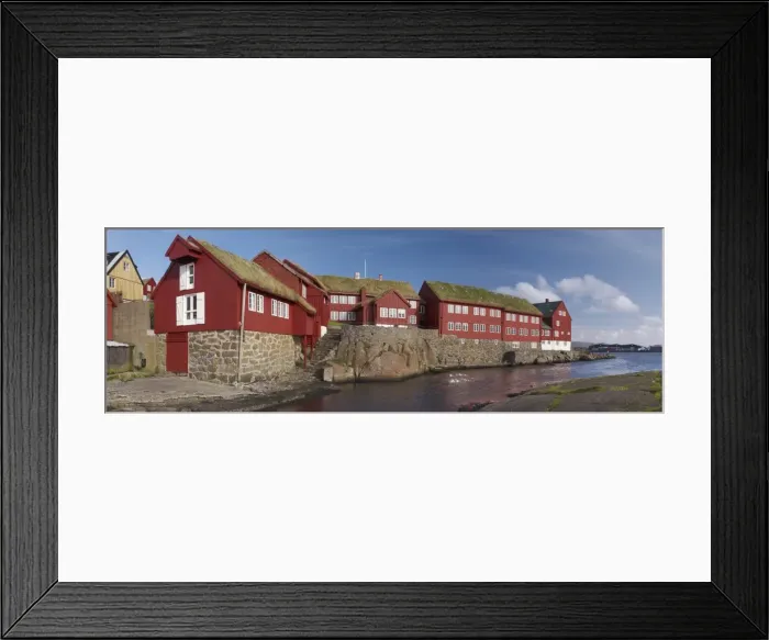 Framed Print : Panoramic view of traditional turf-roofed government buildings on Tinganes peninsula Framed Print : Panoramic view of traditional turf-roofed government buildings on Tinganes peninsula