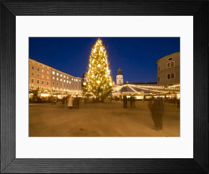 Framed Print : Christmas tree and stalls of historical Salzburg Christkindlmarkt (Christmas market) with Glockenspiel building, Residenzplatz at twilight, Salzburg Framed Print : Christmas tree and stalls of historical Salzburg Christkindlmarkt (Christmas market) with Glockenspiel building, Residenzplatz at twilight, Salzburg