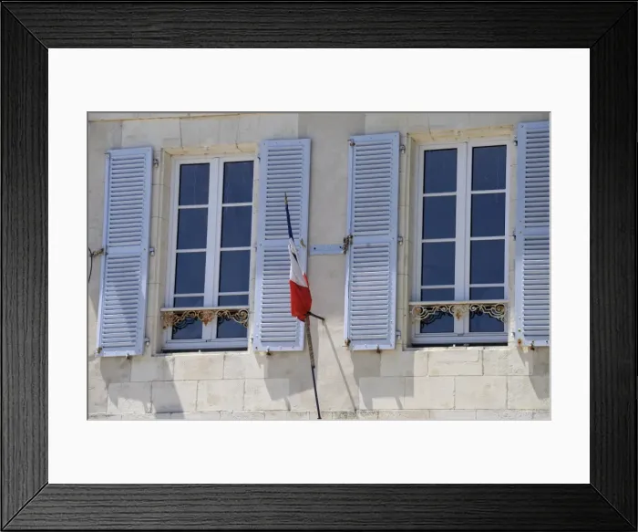 Framed Print : Shuttered windows and French flag, La Flotte, Ile de Re, Charente-Maritime Framed Print : Shuttered windows and French flag, La Flotte, Ile de Re, Charente-Maritime