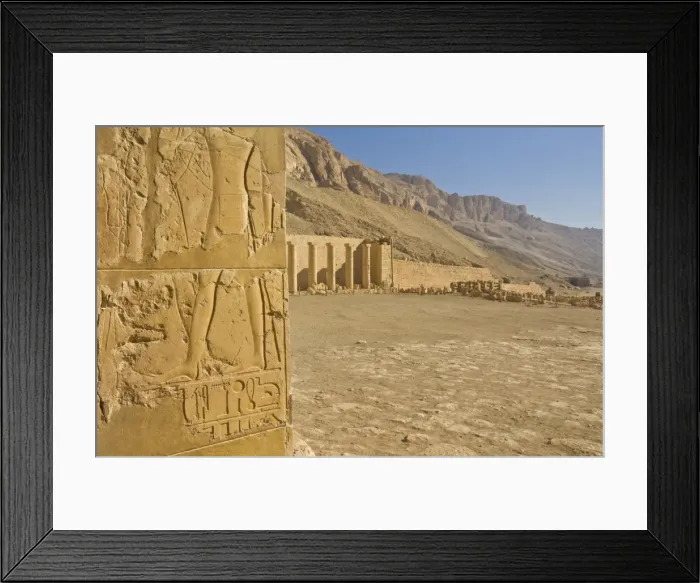 Framed Print : Hieroglyphics in relief on a column on the second terrace of the Temple of Hatshepsut Framed Print : Hieroglyphics in relief on a column on the second terrace of the Temple of Hatshepsut