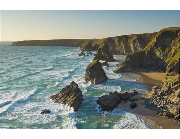 Evening light on the rock stacks, beach and rugged coastline at Bedruthan Steps