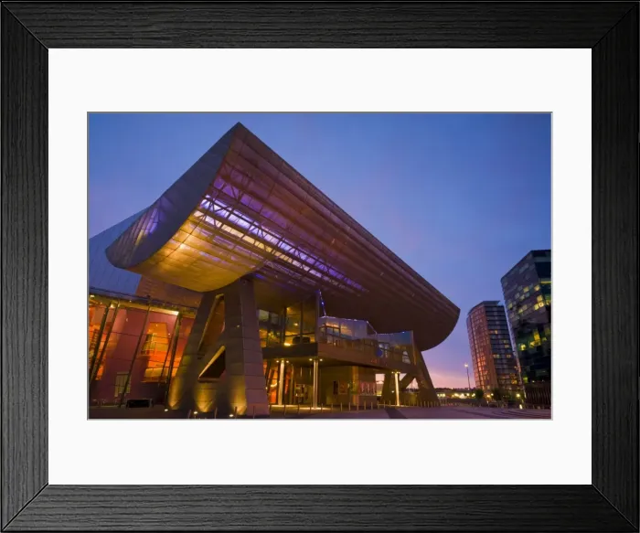 Framed Print : The Lowry Centre illuminated in the early evening, Salford Quays, Greater Manchester Framed Print : The Lowry Centre illuminated in the early evening, Salford Quays, Greater Manchester