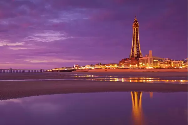 Blackpool Illuminations at sunset, Blackpool, Lancashire, England, United Kingdom