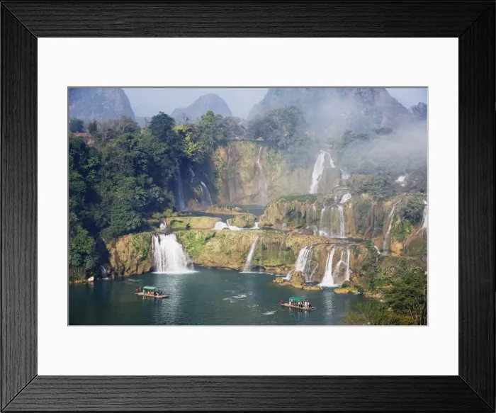 Framed Print : Tourist boats beneath Detian Falls, China and Vietnam transnational waterfall Framed Print : Tourist boats beneath Detian Falls, China and Vietnam transnational waterfall