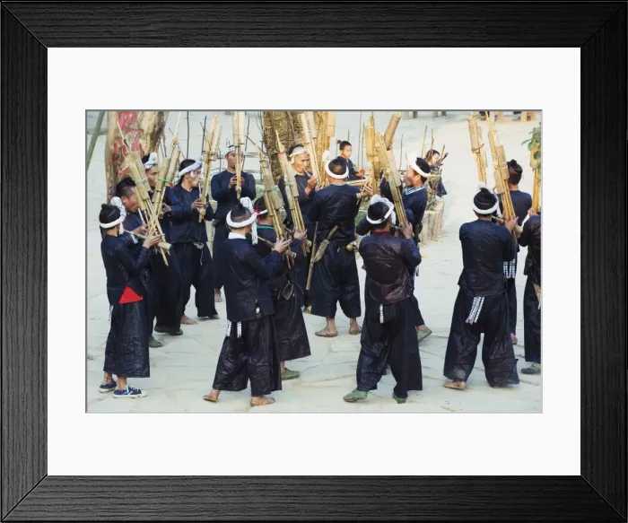 Framed Print : Miao ethnic minority group playing traditional musical bamboo instruments at Basha Framed Print : Miao ethnic minority group playing traditional musical bamboo instruments at Basha
