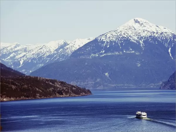 A ferry in Howe Sound, scenery on the Sea to Sky Highway, near Vancouver