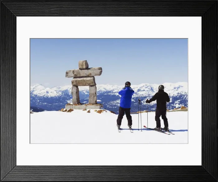 Framed Print : Skiers photographing an Inukshuk statue, Whistler mountain resort, 2010 Winter Olympics venue Framed Print : Skiers photographing an Inukshuk statue, Whistler mountain resort, 2010 Winter Olympics venue