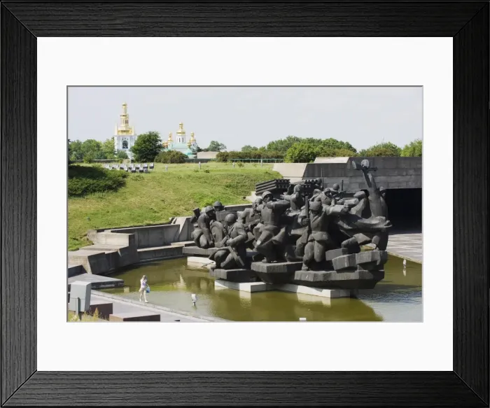 Framed Print : Memorial statue at the Museum of the Great Patriotic War, The Lavra church behind Framed Print : Memorial statue at the Museum of the Great Patriotic War, The Lavra church behind