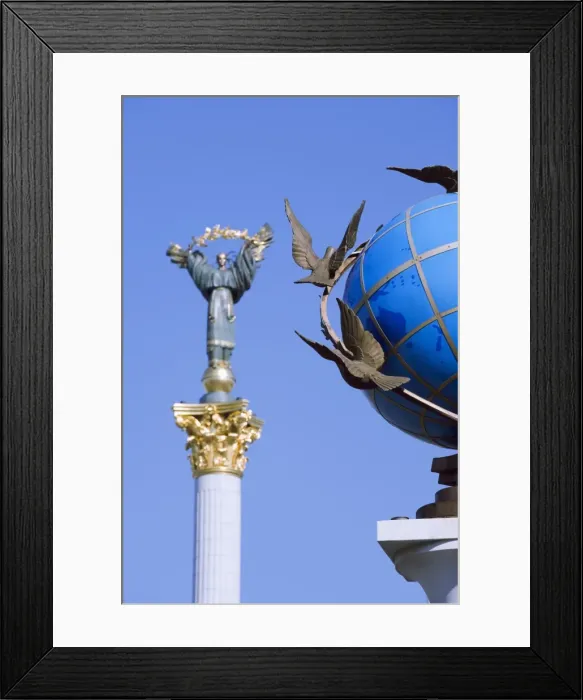 Framed Print : Statue of a blue globe with doves of peace and symbol of Kiev statue, Maidan Nezalezhnosti Framed Print : Statue of a blue globe with doves of peace and symbol of Kiev statue, Maidan Nezalezhnosti
