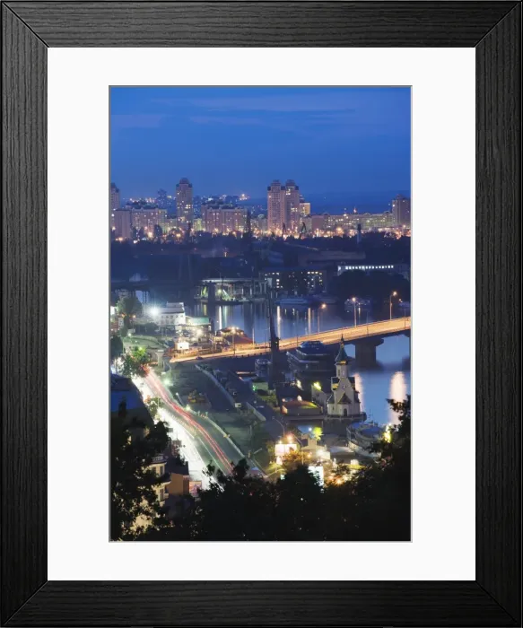 Framed Print : Lights illuminating Podil district and Dnieper River area at night, Kiev, Ukraine, Europe Framed Print : Lights illuminating Podil district and Dnieper River area at night, Kiev, Ukraine, Europe