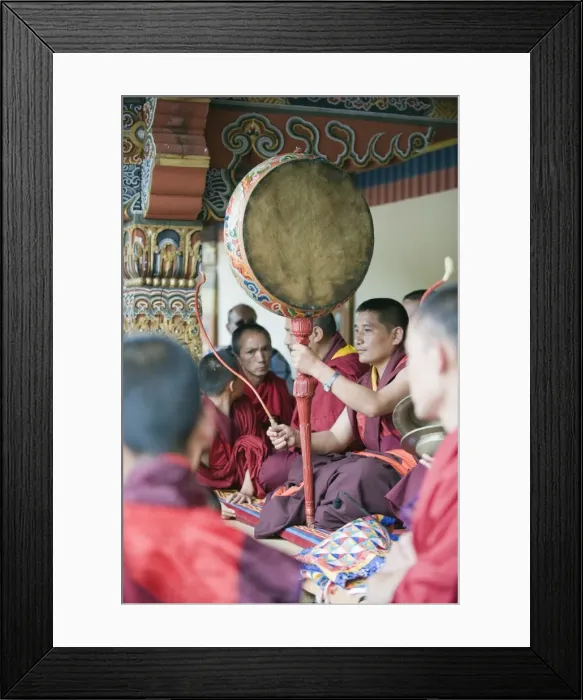 Framed Print : Monk with drum, Autumn Tsechu (festival) at Trashi Chhoe Dzong, Thimpu, Bhutan, Asia