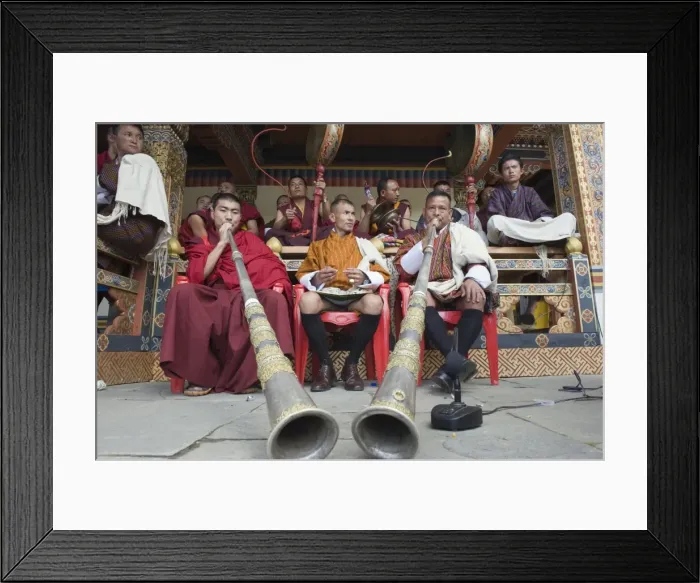 Framed Print : Monks playing horns and drums, Autumn Tsechu (festival) at Trashi Chhoe Dzong Framed Print : Monks playing horns and drums, Autumn Tsechu (festival) at Trashi Chhoe Dzong