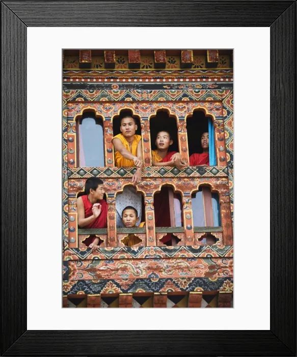 Framed Print : Young monks at a window, Chimi Lhakhang dating from 1499, Temple of the Divine Madman Lama Drukpa Kunley, Punakha Framed Print : Young monks at a window, Chimi Lhakhang dating from 1499, Temple of the Divine Madman Lama Drukpa Kunley, Punakha