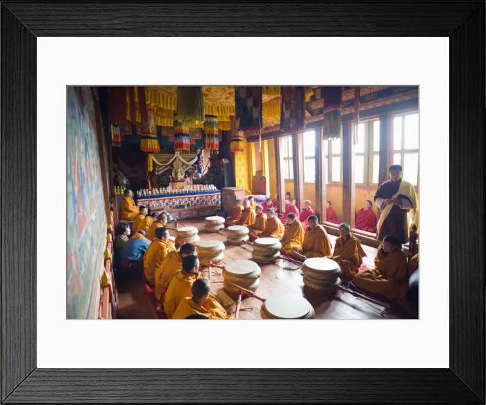 Framed Print : Monks with drums at a ceremony in Jakar Dzong, Castle of the White Bird Framed Print : Monks with drums at a ceremony in Jakar Dzong, Castle of the White Bird