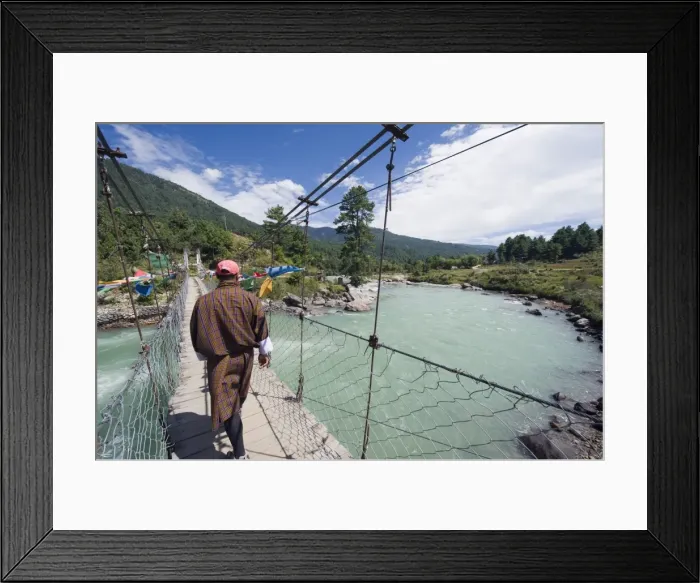 Framed Print : Local man crossing a bridge, Bumthang, Chokor Valley, Bhutan, Asia Framed Print : Local man crossing a bridge, Bumthang, Chokor Valley, Bhutan, Asia