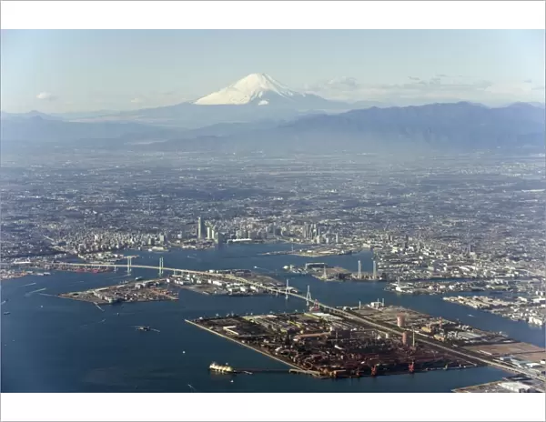 Aerial view of Yokohama city and Mount Fuji, Shizuoka Prefecture, Japan, Asia