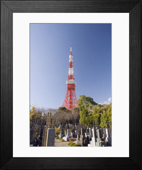 Framed Print : Grave stones in a cemetery at Zozoji (Zozo ji) temple and Tokyo Tower, Tokyo, Japan, Asia Framed Print : Grave stones in a cemetery at Zozoji (Zozo ji) temple and Tokyo Tower, Tokyo, Japan, Asia