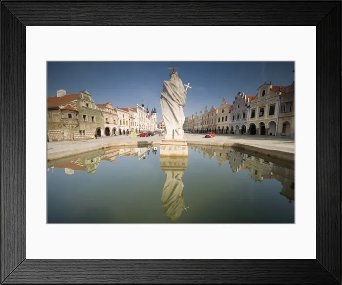 Framed Print : Statue of saint and fountain, Renaissance buildings at Zachariase z Hradce Square Framed Print : Statue of saint and fountain, Renaissance buildings at Zachariase z Hradce Square