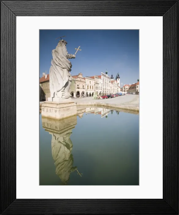 Framed Print : Statue of saint and fountain, Renaissance buildings at Zachariase z Hradce Square Framed Print : Statue of saint and fountain, Renaissance buildings at Zachariase z Hradce Square