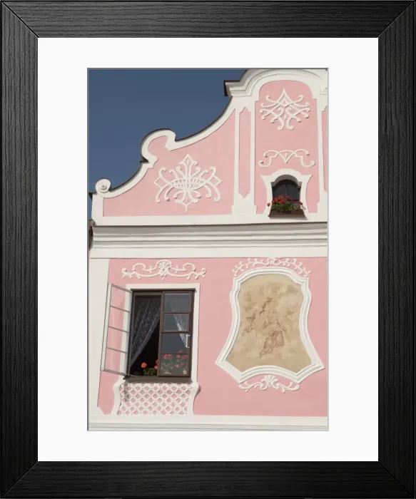 Framed Print : Baroque buildings detail of facade at Zachariase z Hradce Square, Telc Framed Print : Baroque buildings detail of facade at Zachariase z Hradce Square, Telc