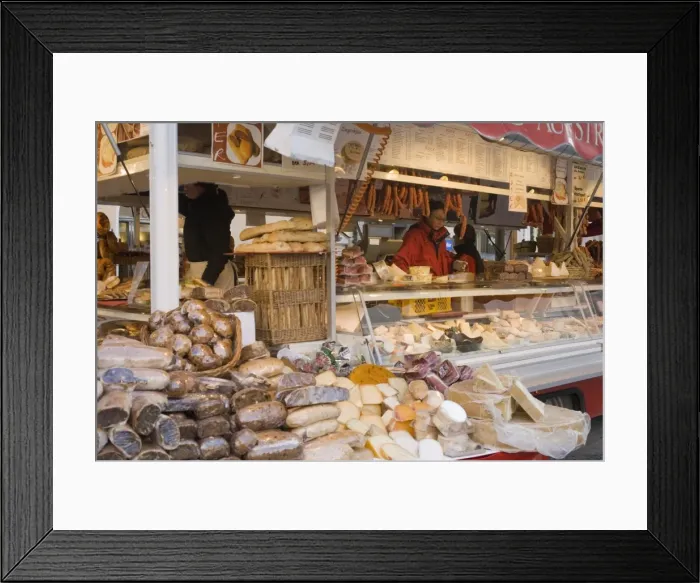 Framed Print : Stall selling cheese, fruit cake and sausages at Christmas Market on Maxheinhardtplatz Framed Print : Stall selling cheese, fruit cake and sausages at Christmas Market on Maxheinhardtplatz