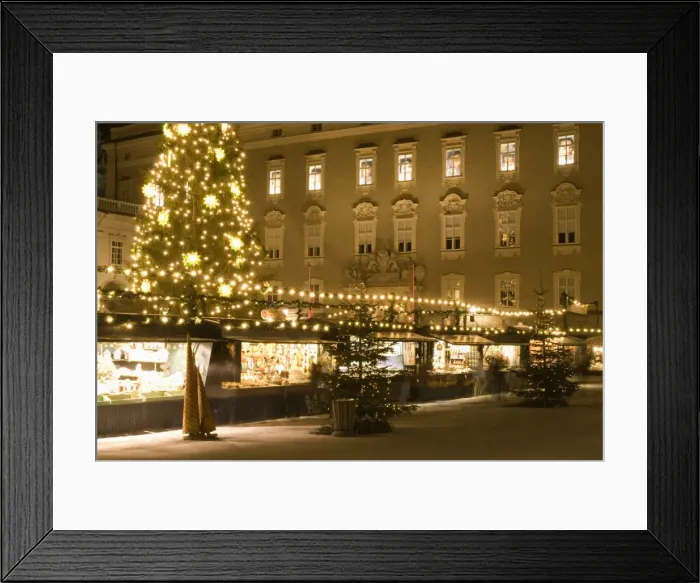 Framed Print : Historical Salzburg Christkindlmarkt (Christmas market) with stalls and Rezidens building at night Framed Print : Historical Salzburg Christkindlmarkt (Christmas market) with stalls and Rezidens building at night