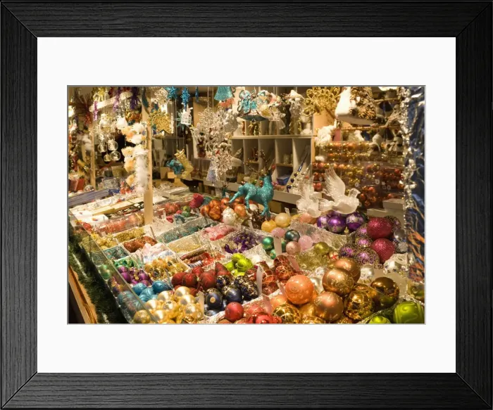 Framed Print : Christmas decorations at stall, Christkindlmarkt (Christmas Market) at Rathausplatz Framed Print : Christmas decorations at stall, Christkindlmarkt (Christmas Market) at Rathausplatz