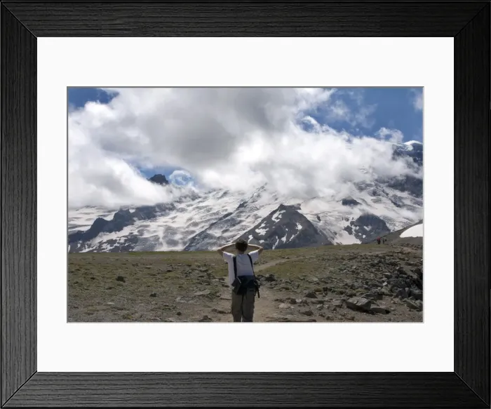 Framed Print : Man looking at Mount Rainier from trail, Mount Rainier National Park, Washington State