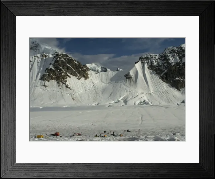 Framed Print : Tents and climbers at base camp facing Lisas Gap, Denali National Park Framed Print : Tents and climbers at base camp facing Lisas Gap, Denali National Park