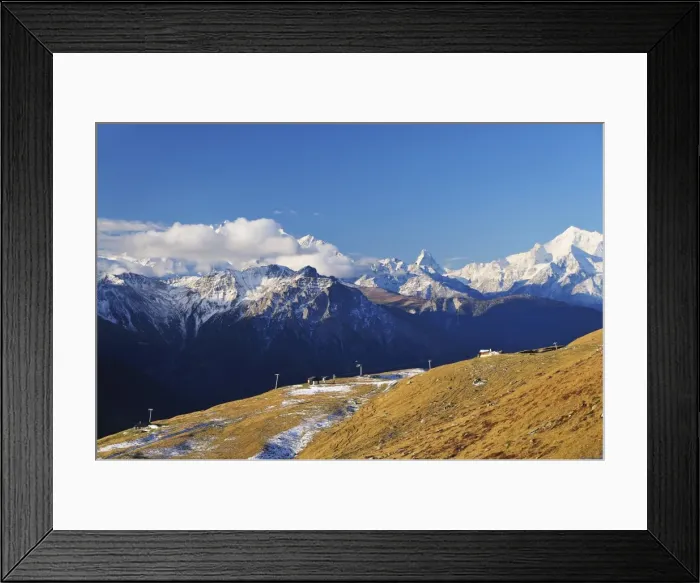 Framed Print : View from Fiescheralp of Matterhorn and Mischabel in background, Switzerland, Europe Framed Print : View from Fiescheralp of Matterhorn and Mischabel in background, Switzerland, Europe