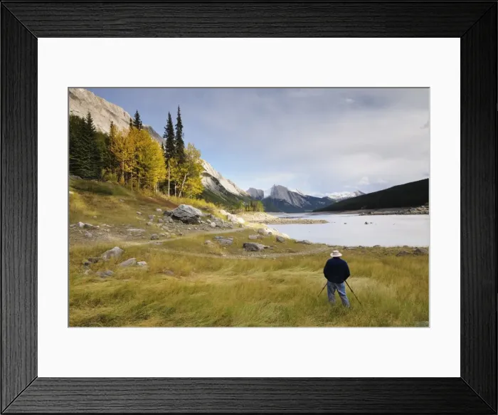 Framed Print : Photographer at Medicine Lake, Jasper National Park, UNESCO World Heritage Site Framed Print : Photographer at Medicine Lake, Jasper National Park, UNESCO World Heritage Site