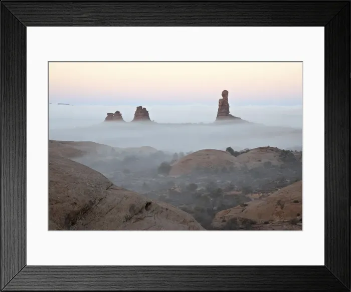 Framed Print : Balanced Rock on a foggy morning at sunrise, Arches National Park, Utah Framed Print : Balanced Rock on a foggy morning at sunrise, Arches National Park, Utah