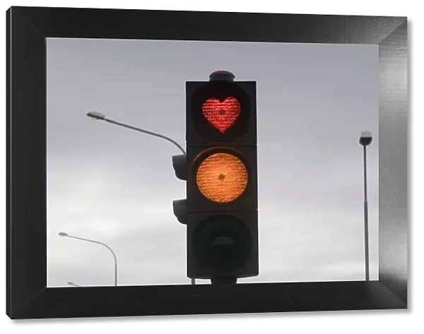 Heart as red light of a traffic light, Akureyri, Iceland, Polar Regions
