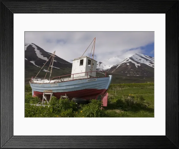 Framed Print : Fishing boat on land, Eyjafjordur, Iceland, Polar Regions Framed Print : Fishing boat on land, Eyjafjordur, Iceland, Polar Regions